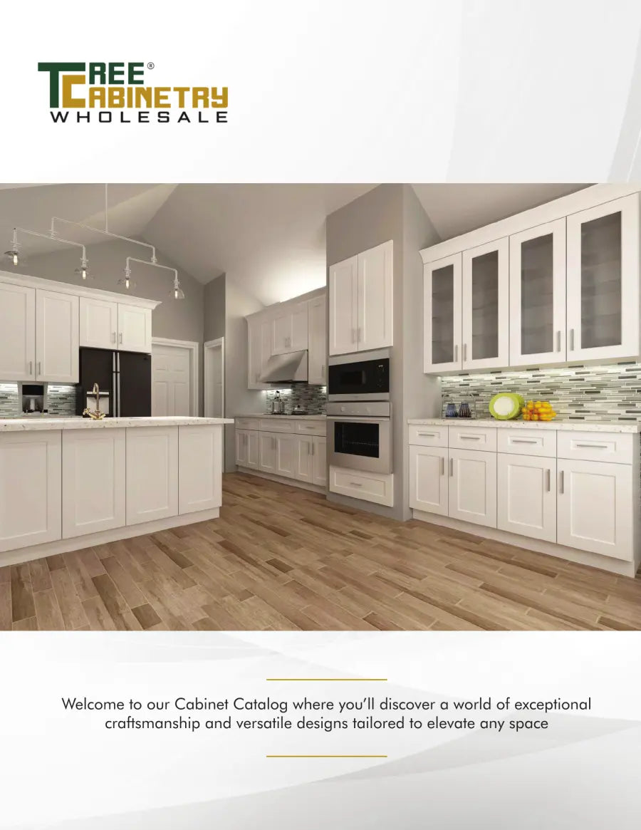 Cover of the Tree Cabinetry 2024 Product Catalog showing a light shaker-style kitchen
