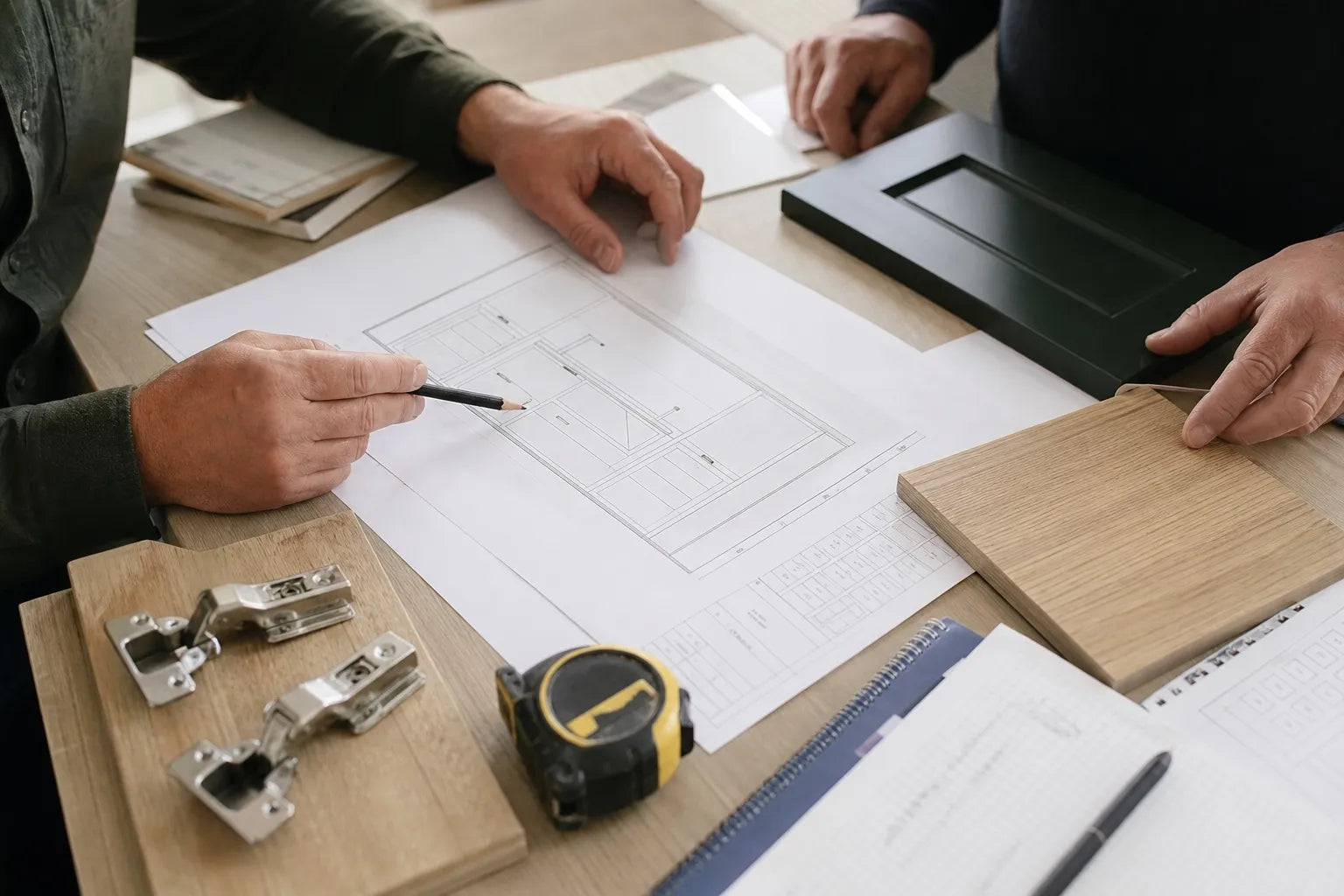 Cabinet professionals reviewing plans, door samples, and project details