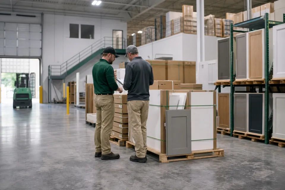 Cabinet inventory organized in a wholesale warehouse