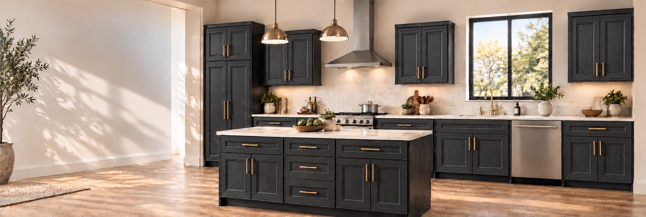 Visca Black Oak kitchen concept with stepped mitered cabinet fronts and one continuous handle-free false front below the sink
