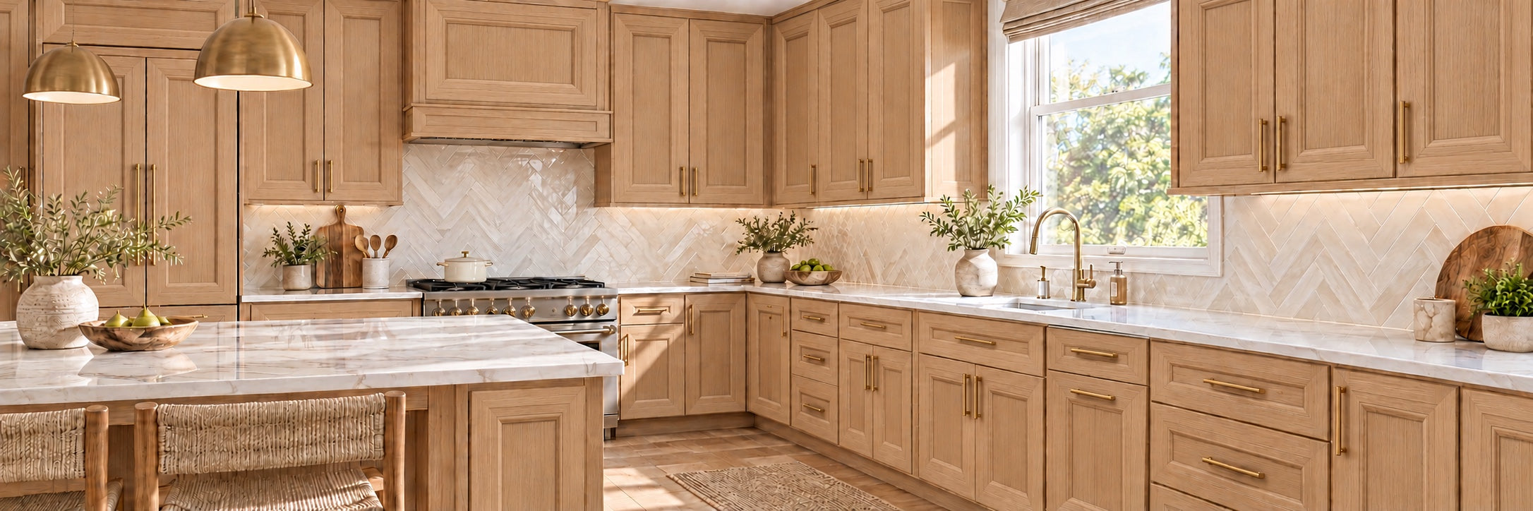 Visca White Oak kitchen concept with stepped mitered cabinet fronts and a separate drawer above the trash pullout right of the sink